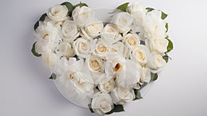 White roses in the form of a heart, greeting card for the wedding, Valentine. AI generated.