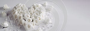 White roses in the form of a heart, greeting card for the wedding, Valentine. AI generated.