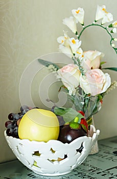 White roses and fruit