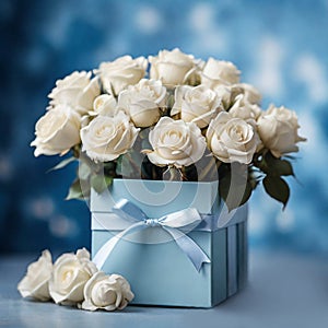 White roses in gift box on a blue background