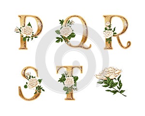 White Roses gold letters. Hand draw. Vector alphabet