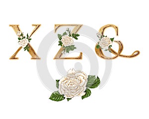 White Roses gold letters. Hand draw. Vector alphabet