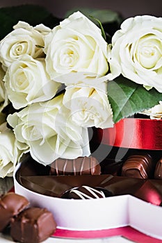 White Roses with Mixed Chocolate Candy for Valentines Day