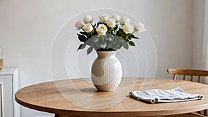 White roses in paunchy vase on round wooden brown table against empty gray wall. Minimalistic interior. Scandinavian style photo