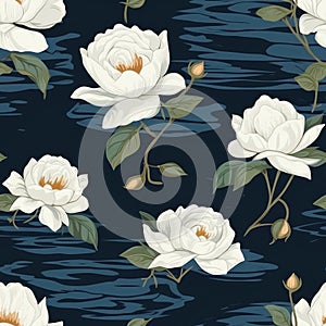 White roses seamless pattern. Beautiful vintage floral rose tile. Wallpaper with white flower in old antique style. AI