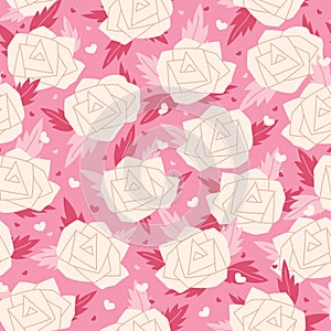 White roses seamless pattern on pink background. Valentines day vector illustration for for card, fabric, wallpaper or wrapping