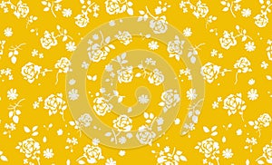 White roses seamless pattern on yellow background.