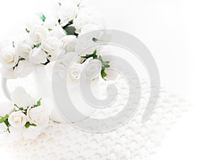 White roses soft focus background photo on a white decorative lace fabric photo