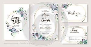 White roses and succulent branches Wedding Invitation card, save the date, thank you, rsvp template. Vector.