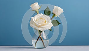 White roses in a vase on a blue background with copy space. Generative AI
