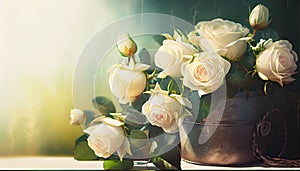 White roses vintage bucket sunny background Banner wedding anniversary concept rose bouquet celebration flower arrangement