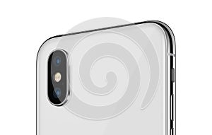 White rotated smartphone similar to iPhone X back side close up with camera module isolated on white background