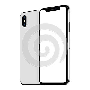 White rotated smartphones mockup similar to iPhone X front and back sides one behind the other isolated on white background