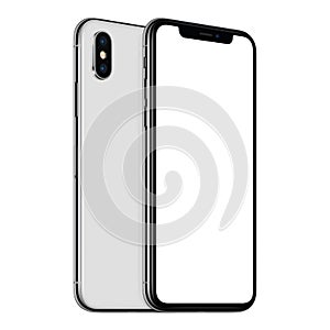 White rotated smartphones similar to iPhone X mockup front and back sides one above the other isolated on white background