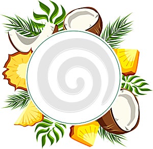 White round background with pineapple and coconut.