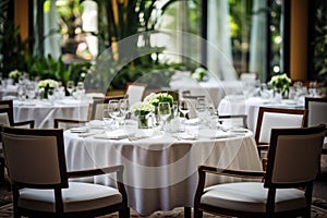 The white round banquet tables in the restaurant. Stylish event decor