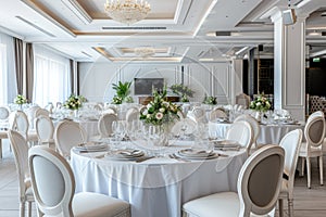The white round banquet tables in the restaurant. Stylish event decor