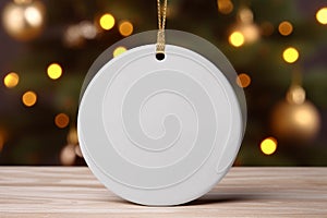 A white round ceramic Christmas ornament. Festive decoration for mockup. Blurred green tree with lights in the background