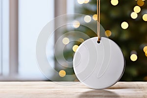 A white round ceramic Christmas ornament for mockup. Green Christmas tree with lights in the room, blurred background