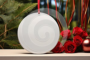 White round ceramic frame with string hangs on Christmas tree. Generative AI