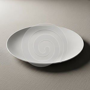 White round ceramic plate is placed on a textured light colored