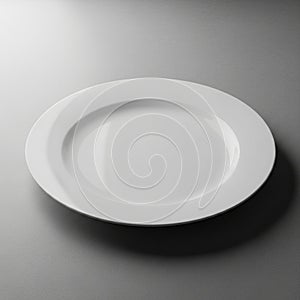 White, round, ceramic plate with a smooth, glossy finish. Positioned against a light