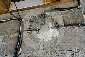 White Round Junction Box Mounted In The Wall With electric wires