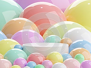 White round podiem surrounded with colorful glossy ball 3d render photo
