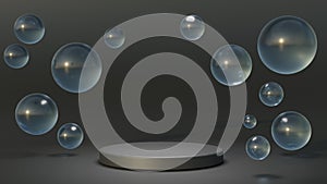 White round podium with air bubbles on grey water surface. Mock up empty geometric stage, platform with soap spheres or water