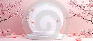 white round podium with cherry blossom background