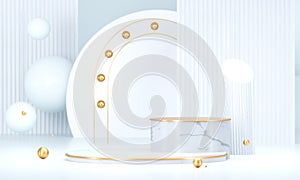 White round podium with geometric shapes and gold elements. Abstract blank pedestal, display platform. 3D Rendering