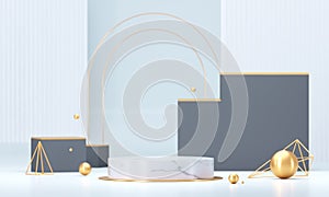 White round podium with geometric shapes and gold elements. Abstract blank pedestal, display platform. 3D Rendering