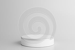 white round podium for product presentation on gray background. Blank product podium. Minimal scene mockup with cylinder,