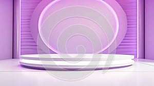 A white round podium in a purple background, 3d room, For product presentations, product shows, live broadcasts, design