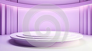 A white round podium in a purple background, 3d room, For product presentations, product shows, live broadcasts, design