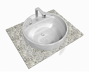 White round sink with chrome faucet, sitting on a granite table or slab