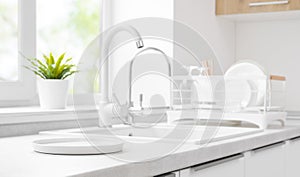 White round tray for products display on kitchen sink background