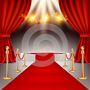 Winners podium with red carpet vector realistic illustration
