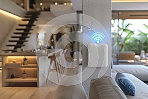 White router with blue Wi-Fi icon hangs on the wall of bright, well-lit living room in modern smart house