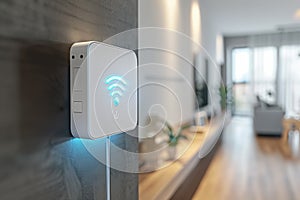 White router with blue Wi-Fi symbol hangs on the wall of bright, well-lit living room in modern smart house, blurry