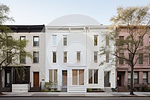 White Row Houses, Street Landscape, Brooklyn Architeture, Facades of American Houses photo