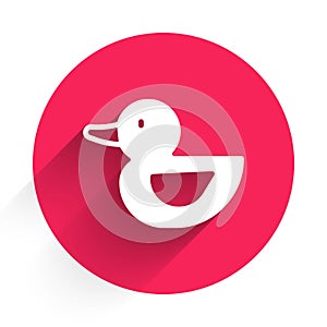 White Rubber duck icon isolated with long shadow background. Red circle button. Vector