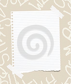 White ruled ripped note, notebook, copybook paper sheet on pattern created of alphabet letters