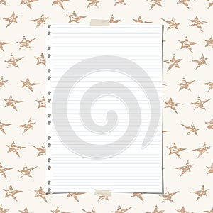 White ruled, striped notebook, copybook paper sheet on brown stars pattern..