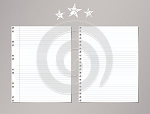 White ruled, striped notebook, copybook paper sheets and stars on gray background.