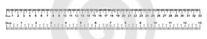 A white ruler marked with centimeters, inches and combined rectangular shapes. Output inch line. Vector graphics on a white