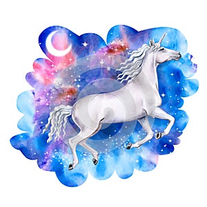 White running unicorn in the night cosmic sky. Galaxy with stars
