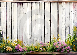 White rustic boards background with flowers bordering bottom illustration