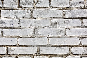 White Rustic Texture. Retro Whitewashed Old Brick Wall Surface. Vintage Structure. Grungy Shabby Uneven Painted Plaster. Whiten Fa