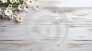 white rustic wooden texture table top view with blossoming daisies spring flowers and scattered petals, with copy space